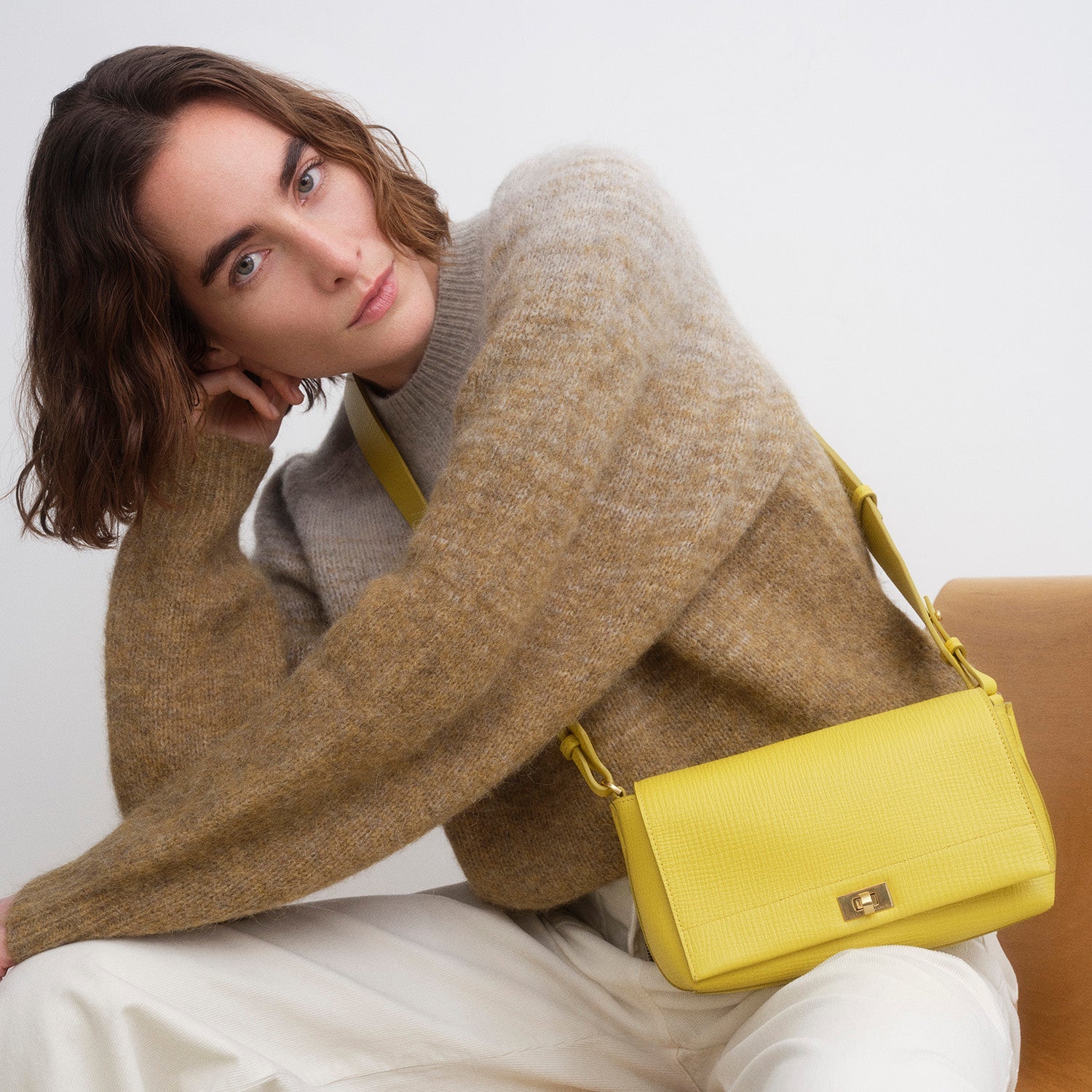Yellow crosshatch leather crossbody bag by Anya Hindmarch