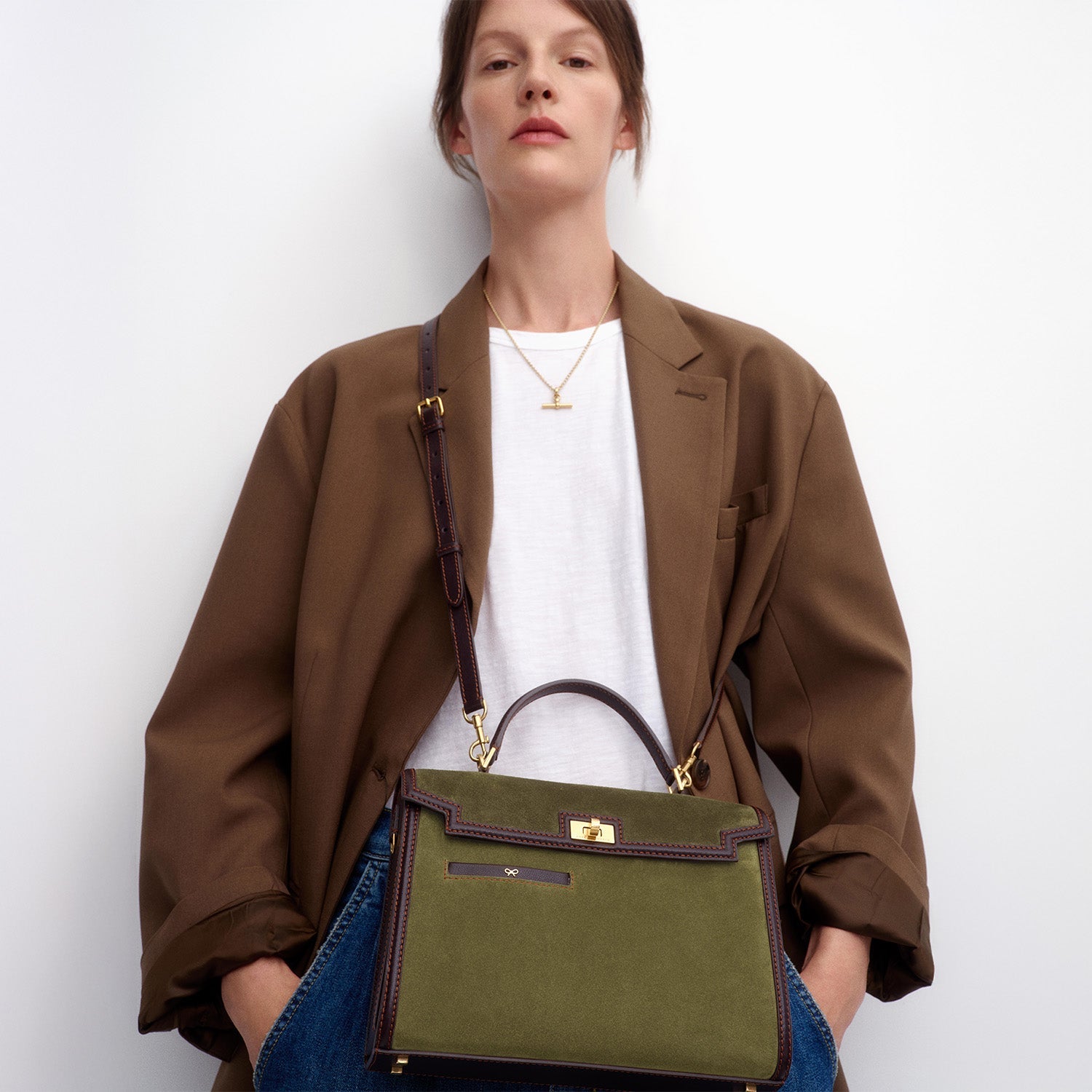 Mortimer Frame Top Handle -

          
            Suede Leather/Calf Leather in Bonsai green and Grape -
          

          Anya Hindmarch EU
