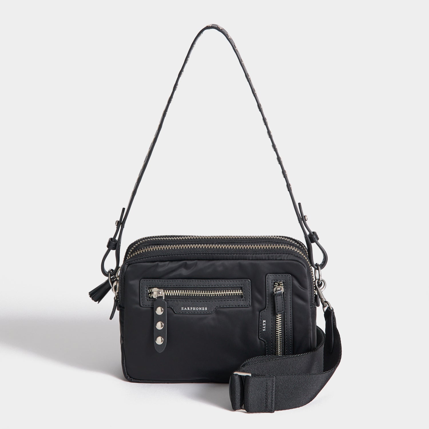 Studs Triple Zip Cross-body -

          
            Recycled Satin/Calf Leather in Black -
          

          Anya Hindmarch EU
