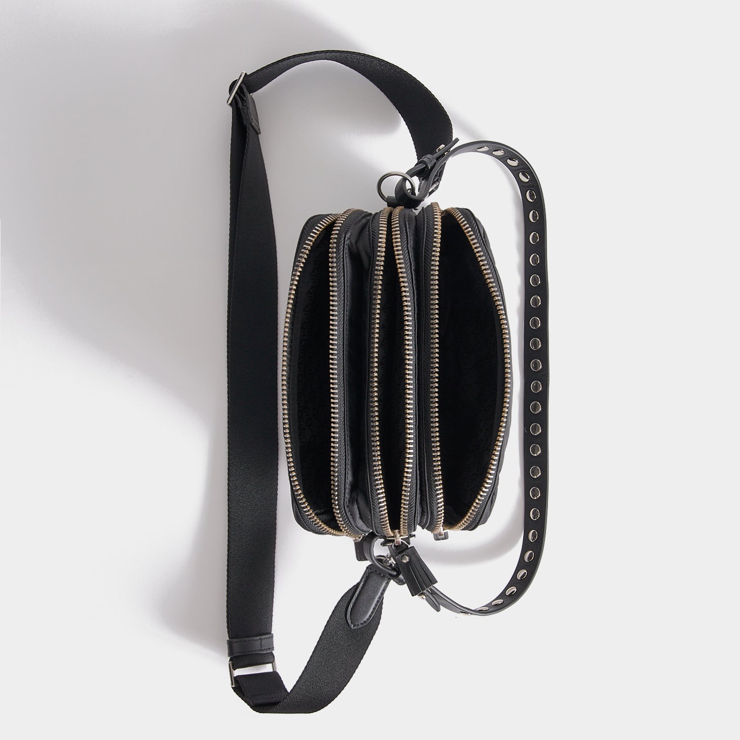 Studs Triple Zip Cross-body -

          
            Recycled Satin/Calf Leather in Black -
          

          Anya Hindmarch EU
