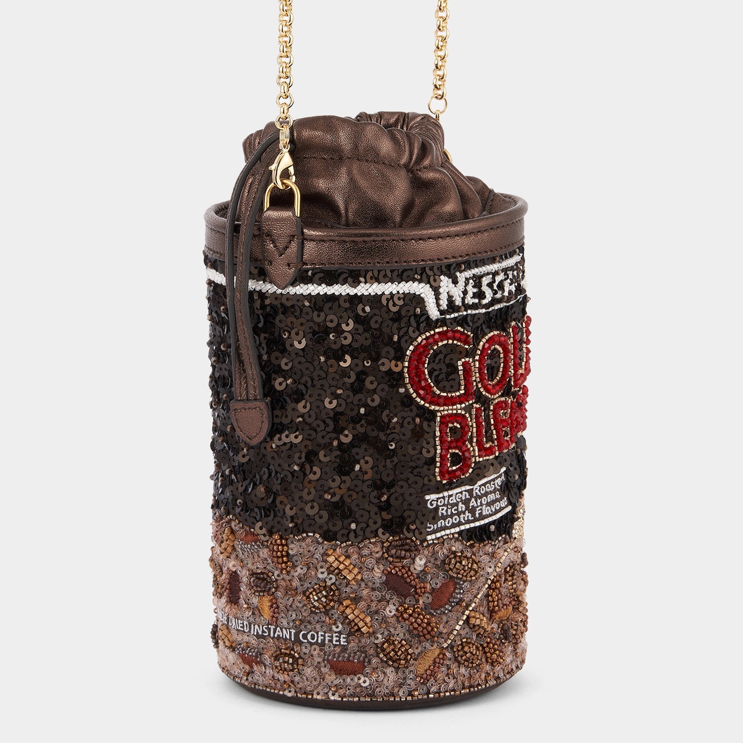 Anya Brands Gold Blend Mini Bucket Bag -

          
            Sequins in Chocolate -
          

          Anya Hindmarch EU
