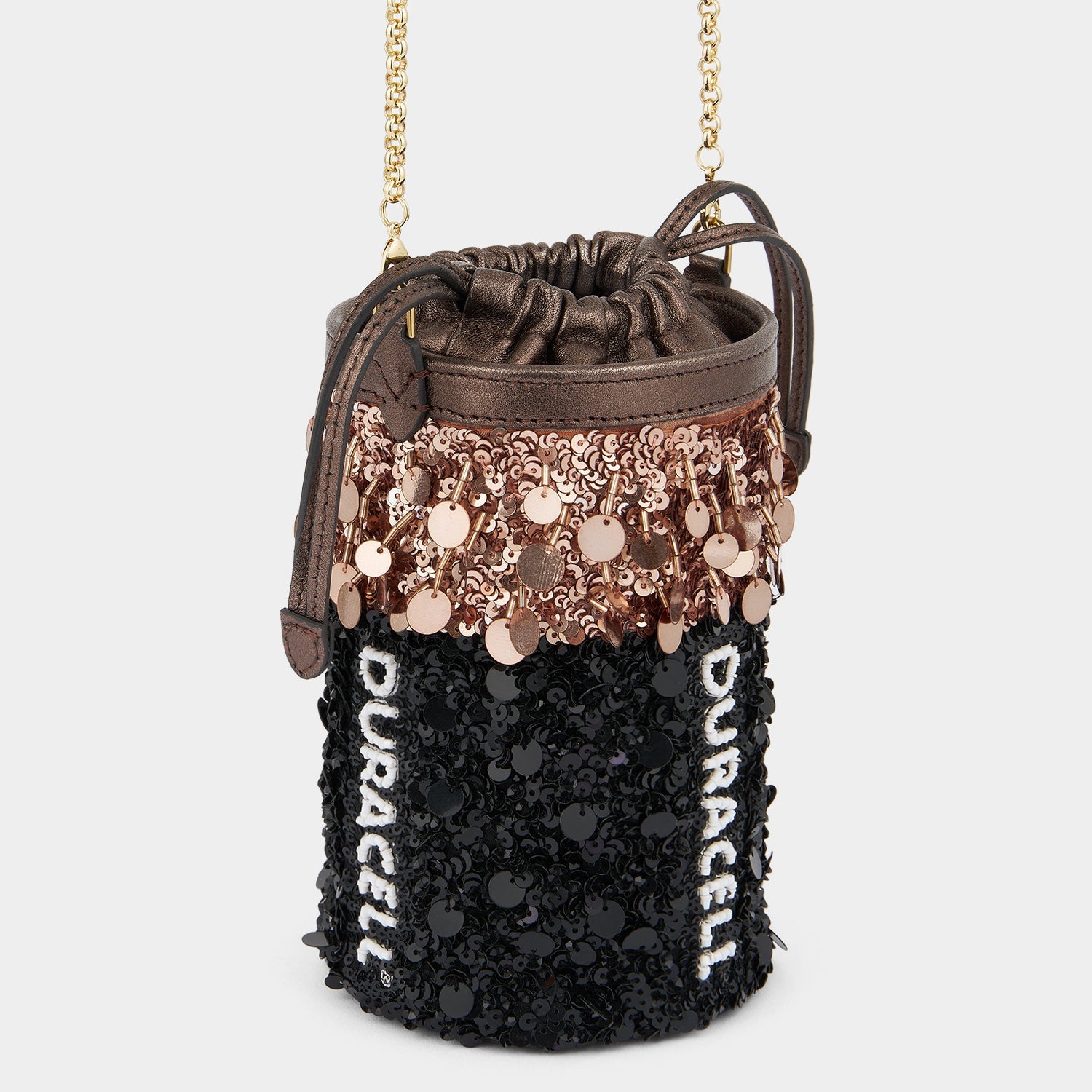 Anya Brands Duracell Mini Bucket Bag -

          
            Sequins in Black -
          

          Anya Hindmarch EU
