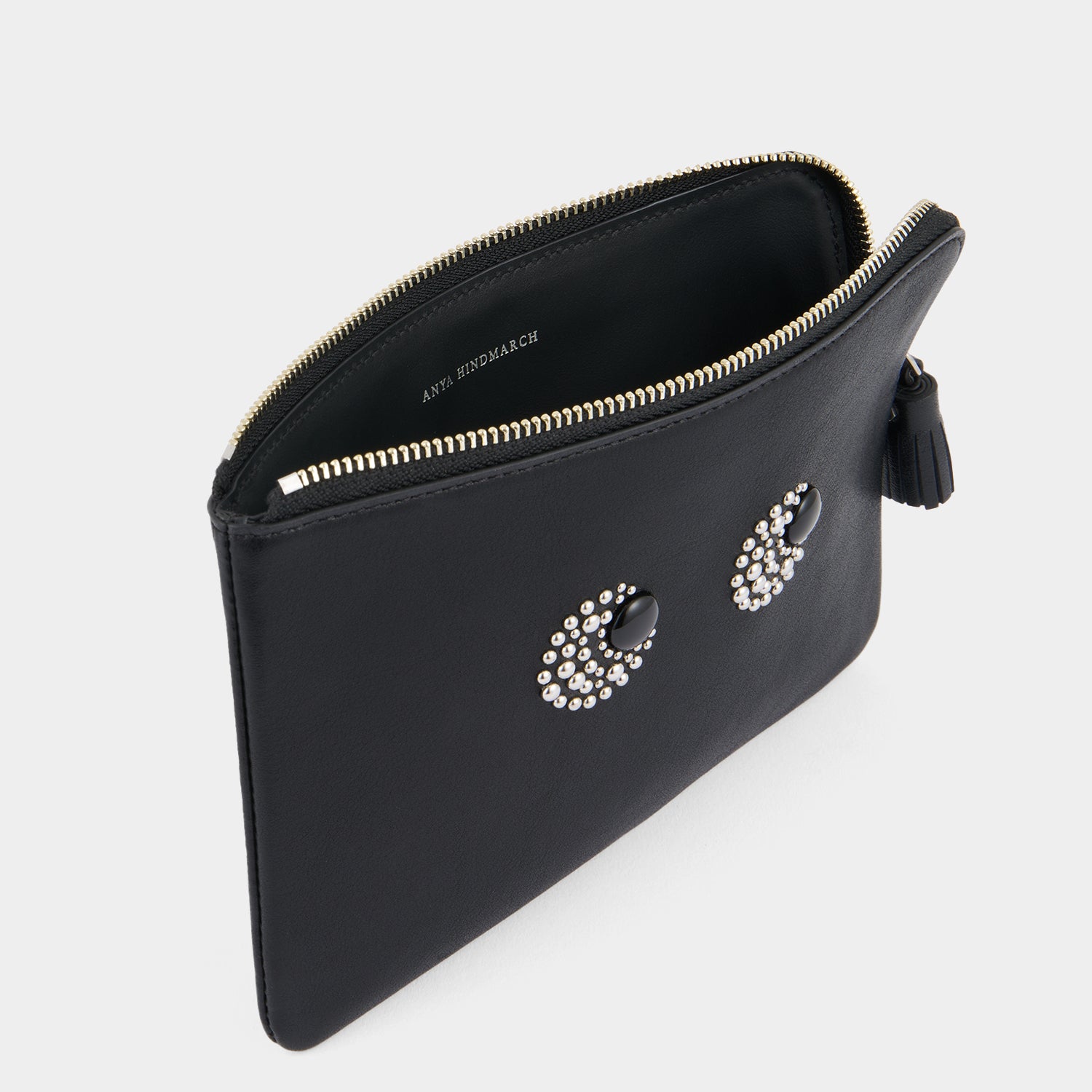 Eyes Studded Zip Loose Pocket -

          
            Satin Leather in Black -
          

          Anya Hindmarch EU
