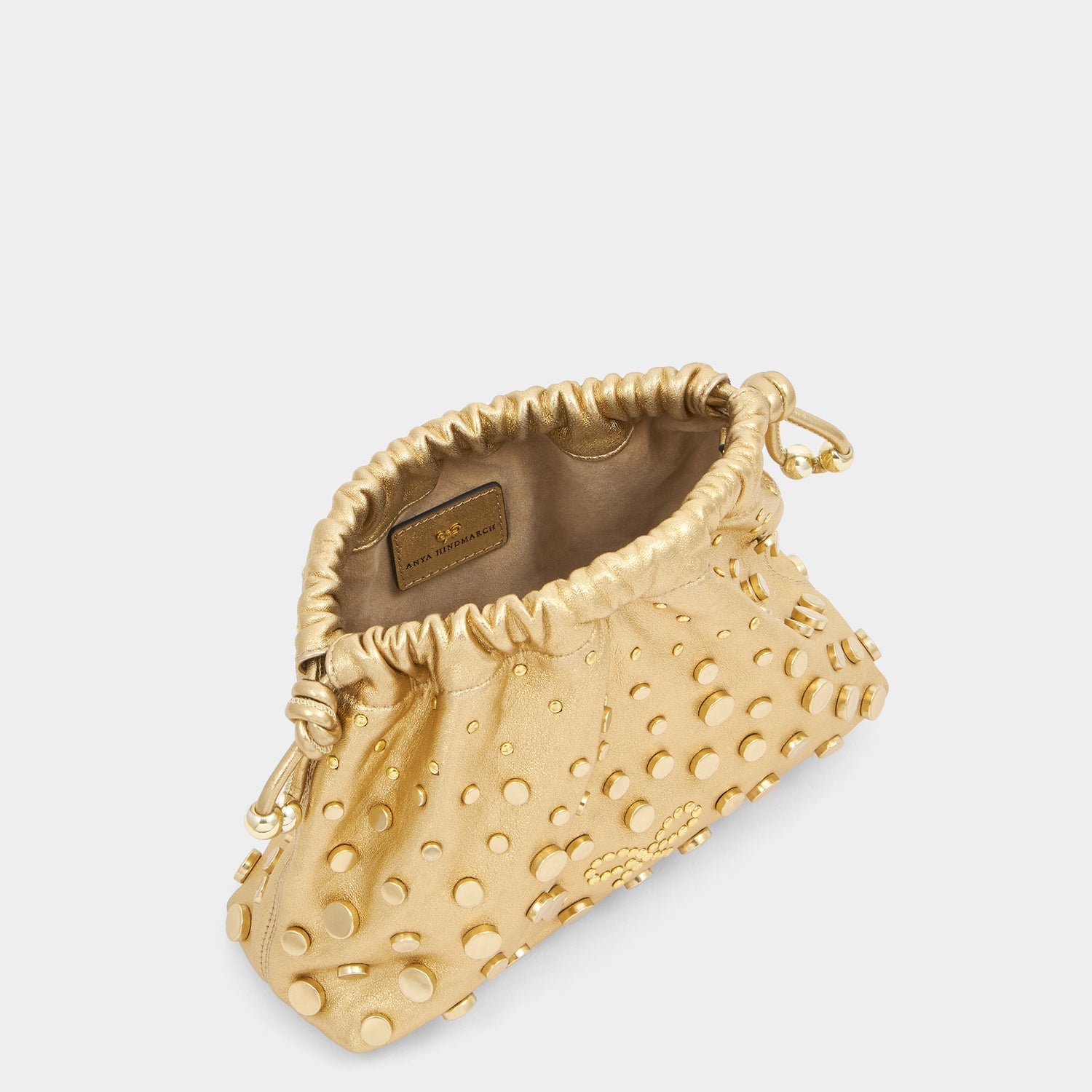 Studs Drawstring Pouch -

          
            Satin/Suede Leather in Gold -
          

          Anya Hindmarch EU
