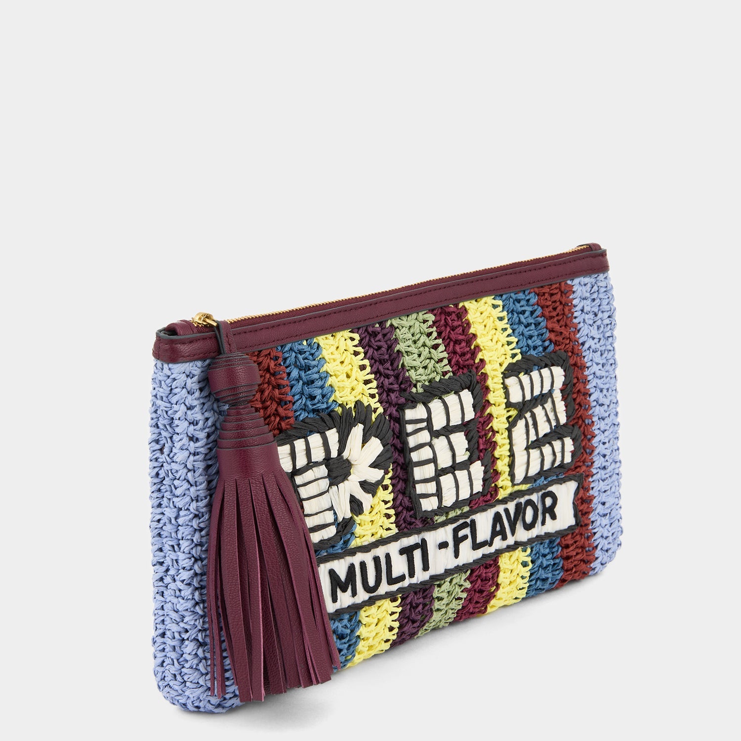 Multicoloured Pez pouch in raffia by Anya Hindmarch