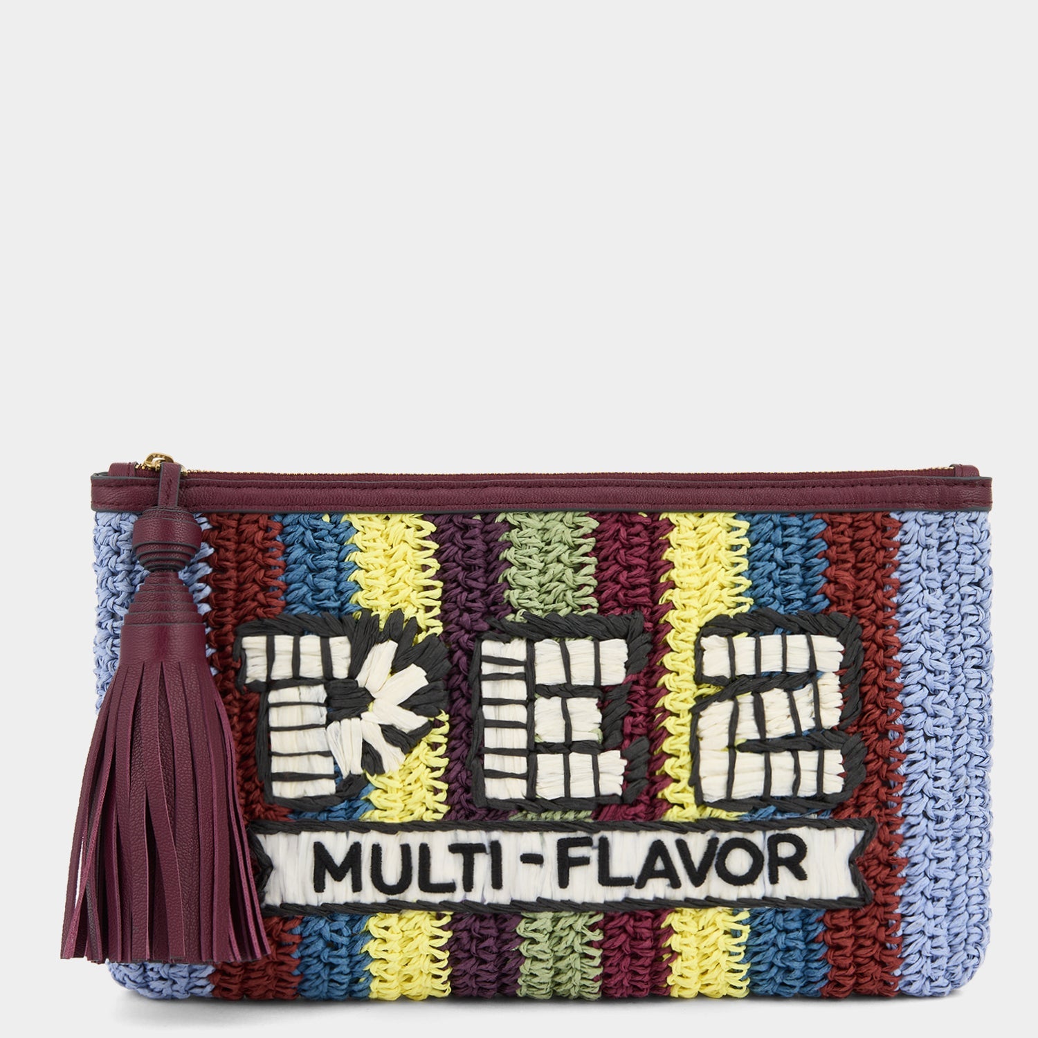 Multicoloured Pez pouch in raffia by Anya Hindmarch