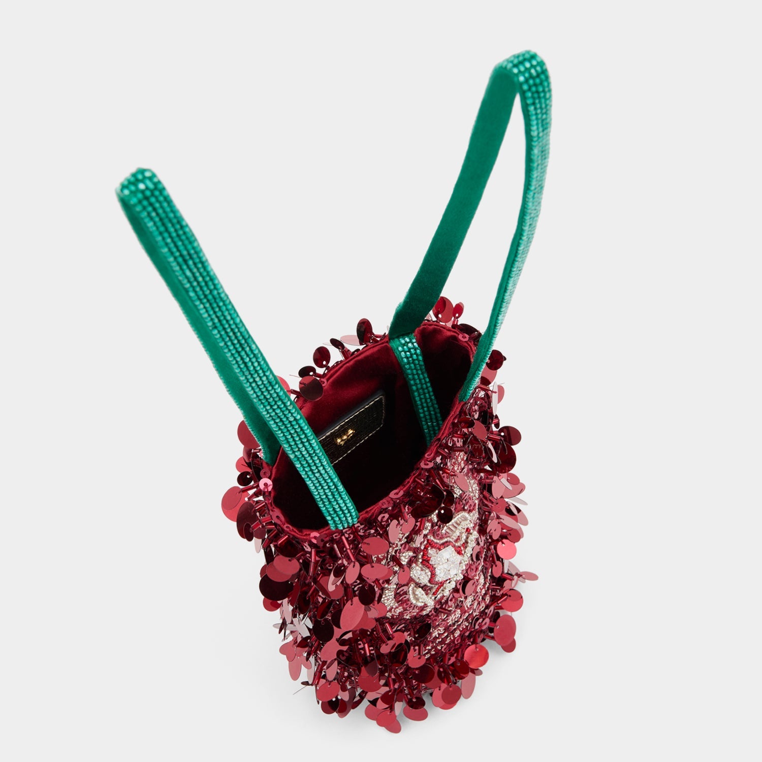 Anya Brands Flying Goose Sriracha Mini Bucket Bag -

          
            Satin/Sequins in Oxblood Red -
          

          Anya Hindmarch EU
