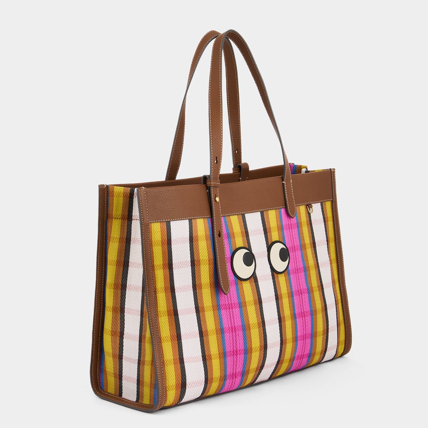 Tote bag made of striped recycled mesh and trimmed with grainy goat leather by Anya Hindmarch
