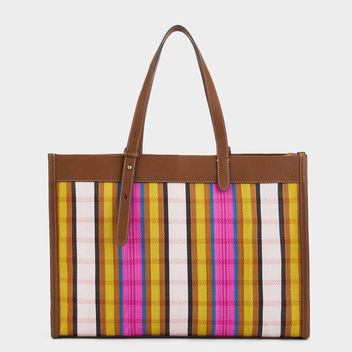 Tote bag made of striped recycled mesh and trimmed with grainy goat leather by Anya Hindmarch