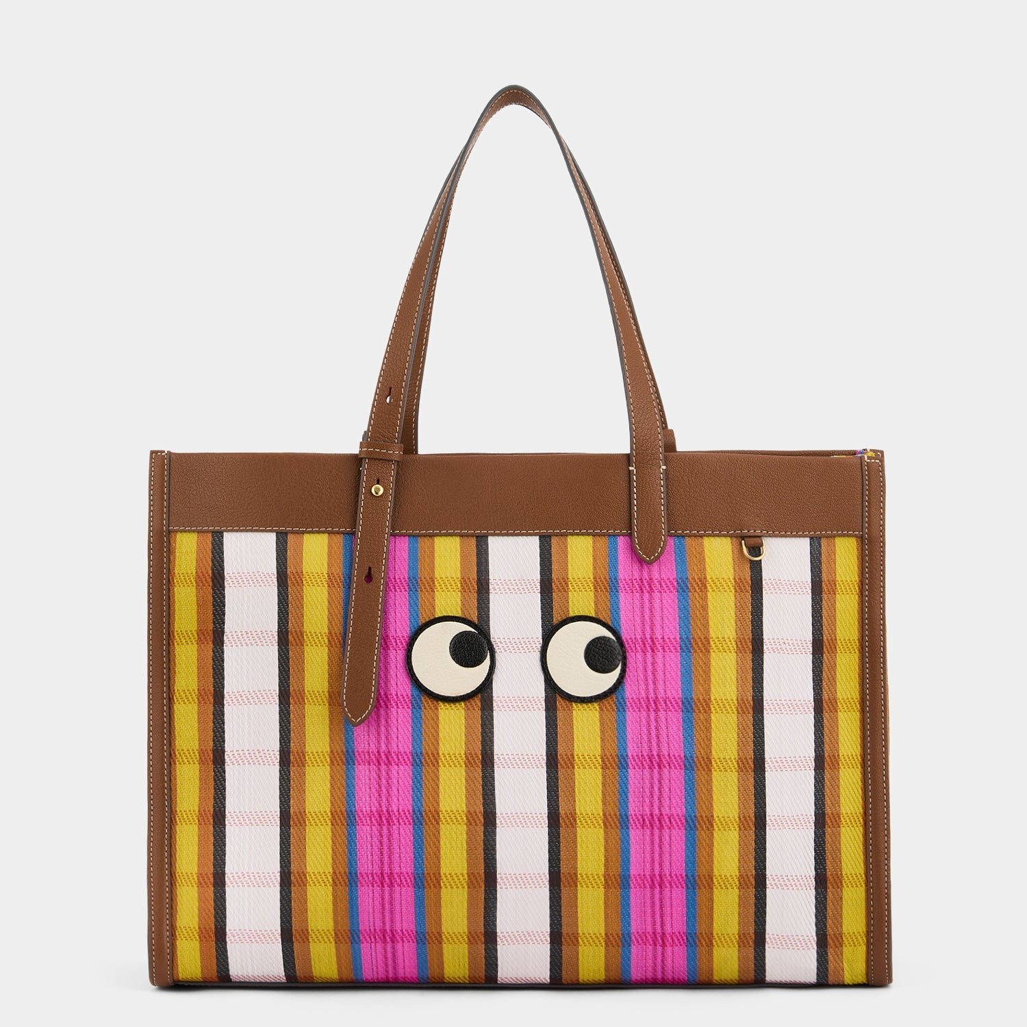 Tote bag made of striped recycled mesh and trimmed with grainy goat leather by Anya Hindmarch