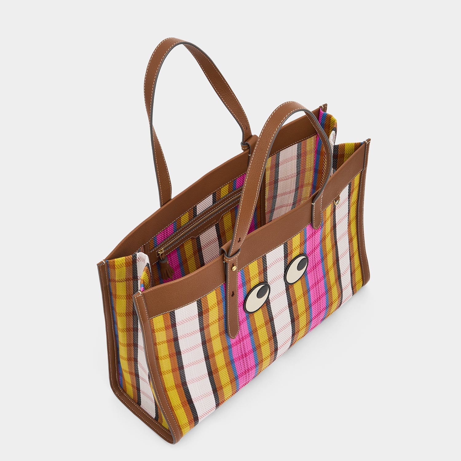 Tote bag made of striped recycled mesh and trimmed with grainy goat leather by Anya Hindmarch
