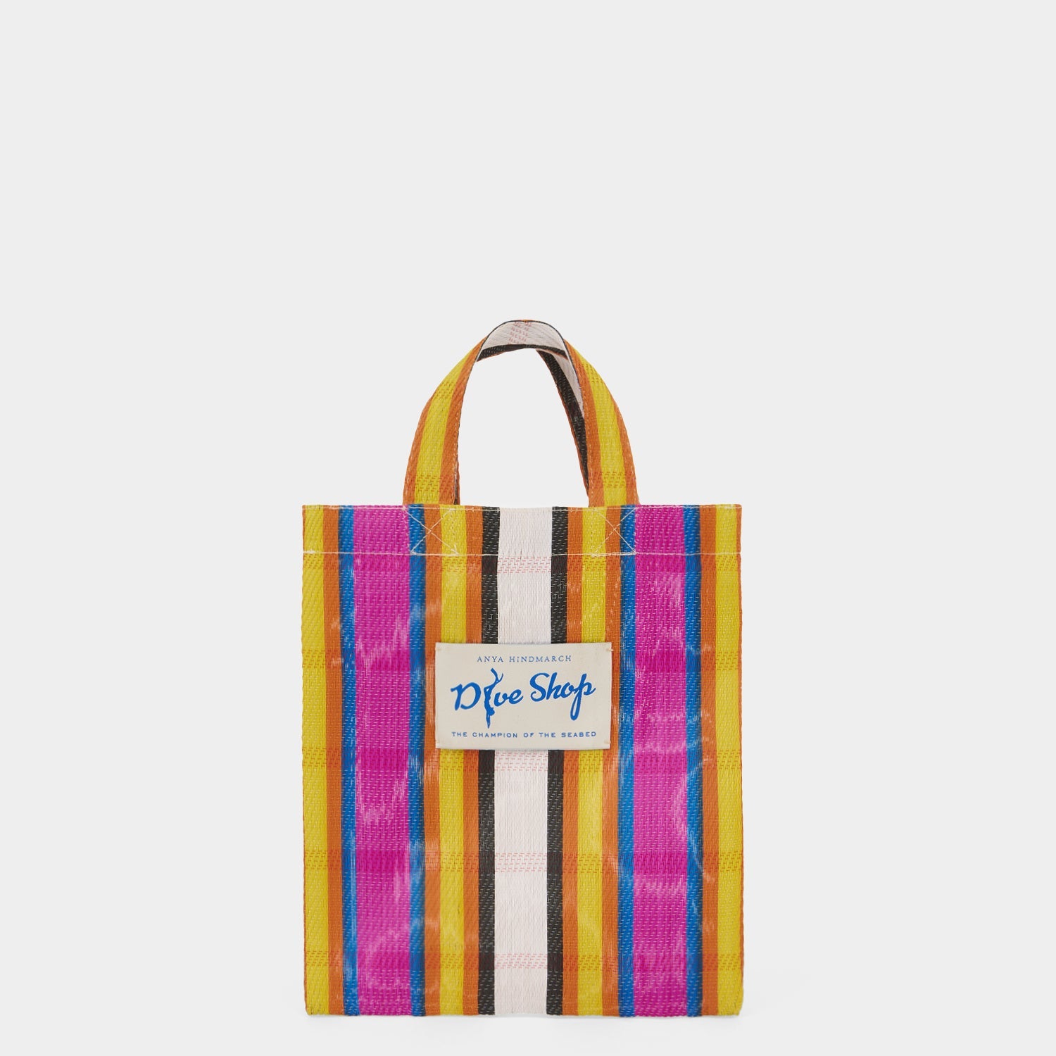 Multicoloured stripy tote bag made of recycled plastic by Anya Hindmarch