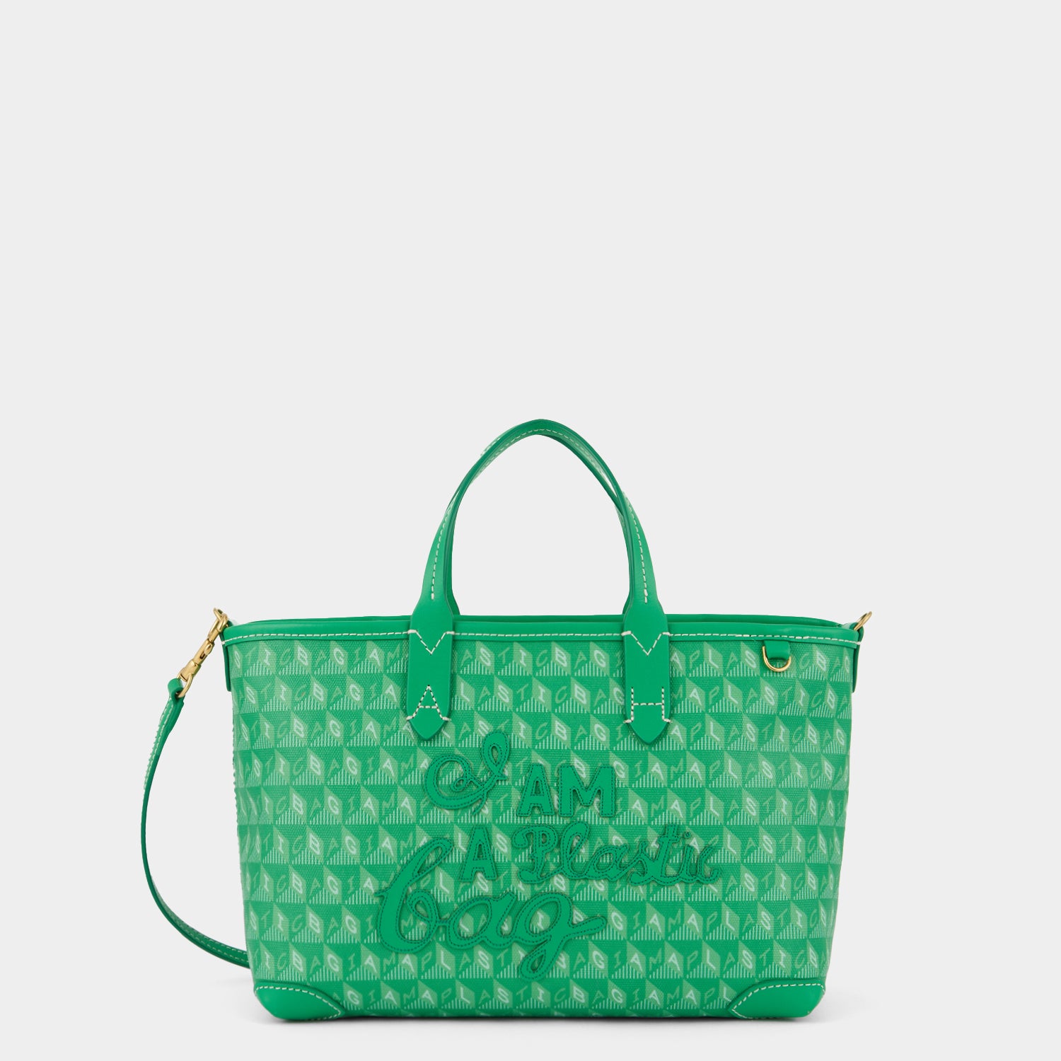 Green small tote bag with adjustable strap made of recycled plastic by anya hindmarch