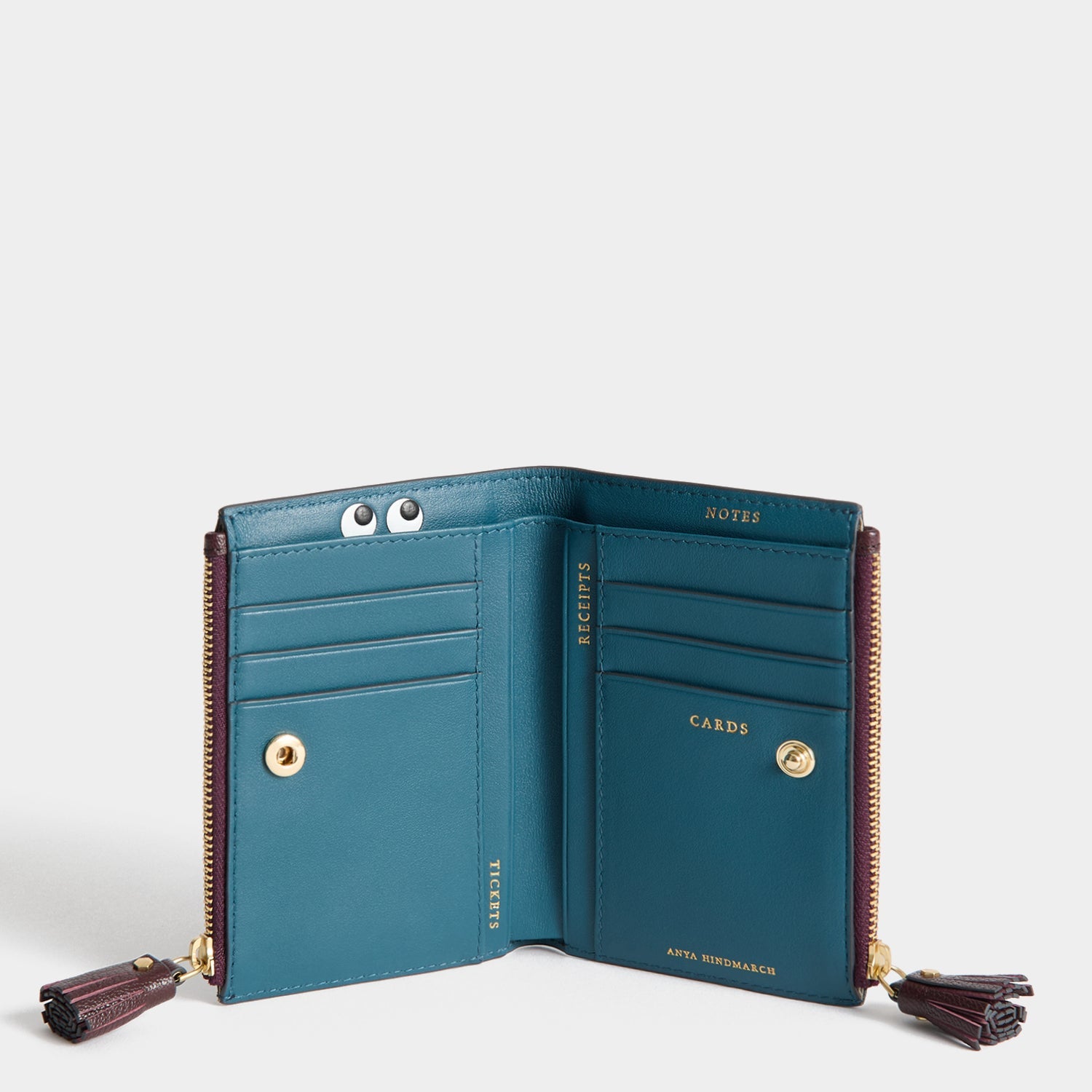 Peeping Eyes Small Double Zip Wallet -

          
            Capra Leather in Claret -
          

          Anya Hindmarch EU
