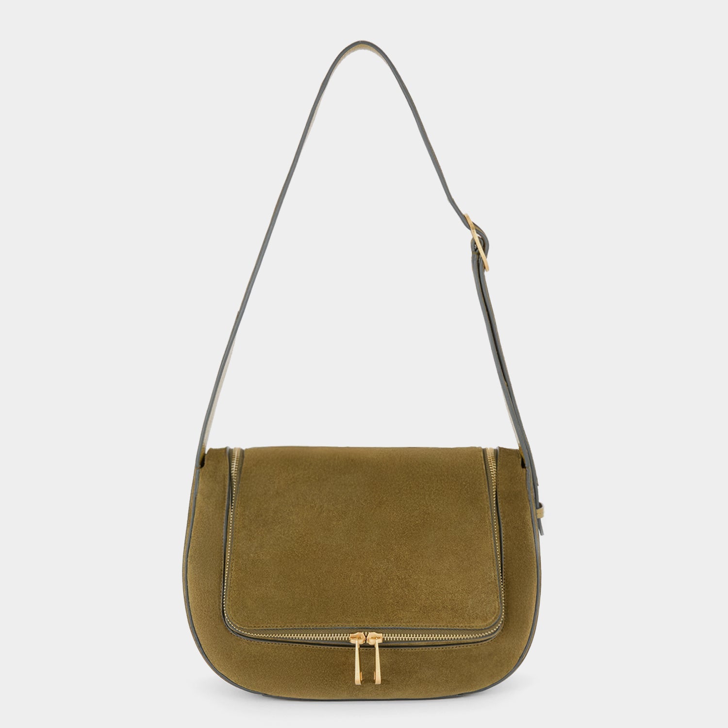 Green suede shoulder bag with adjustable strap by Anya Hindmarch
