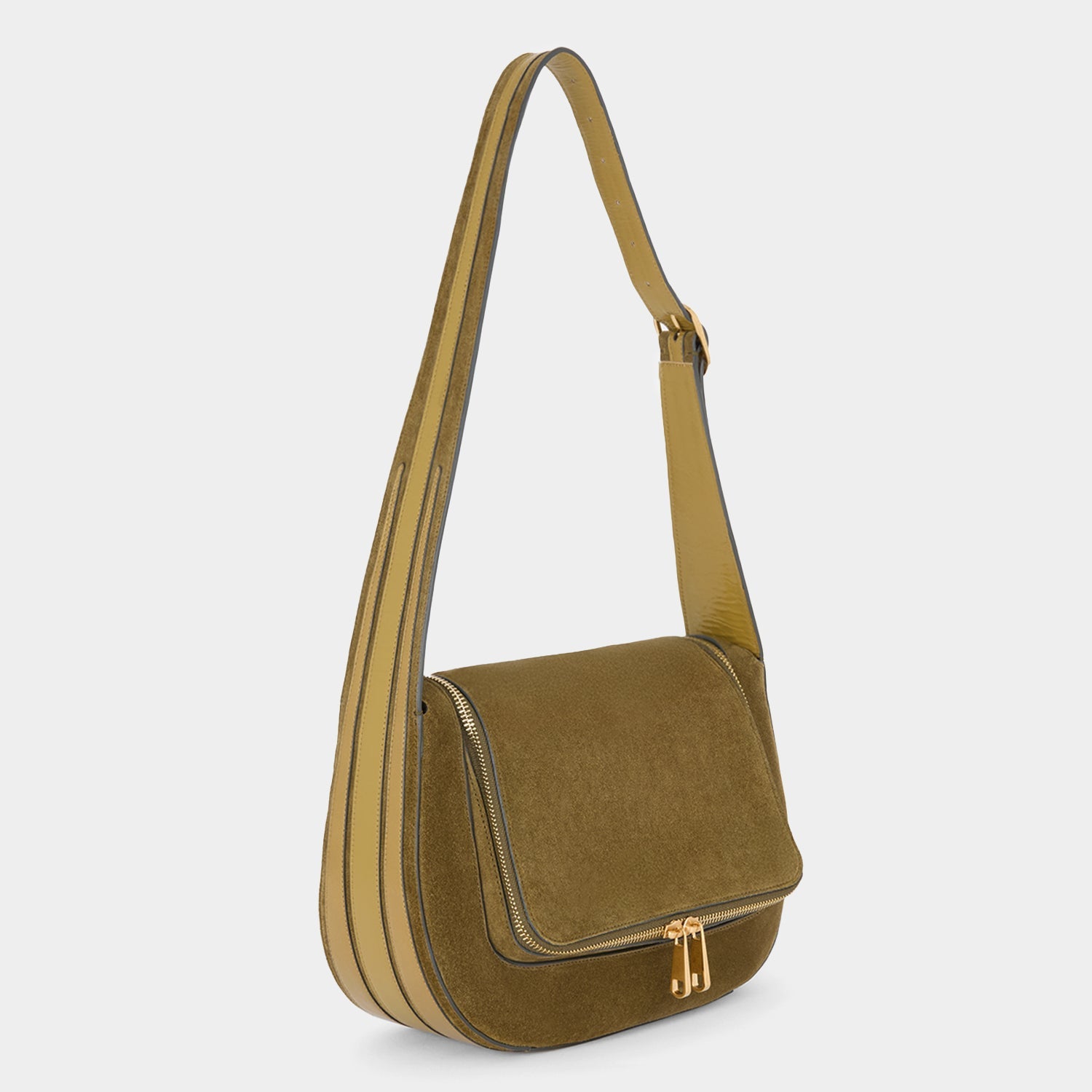 Green suede shoulder bag with adjustable strap by Anya Hindmarch