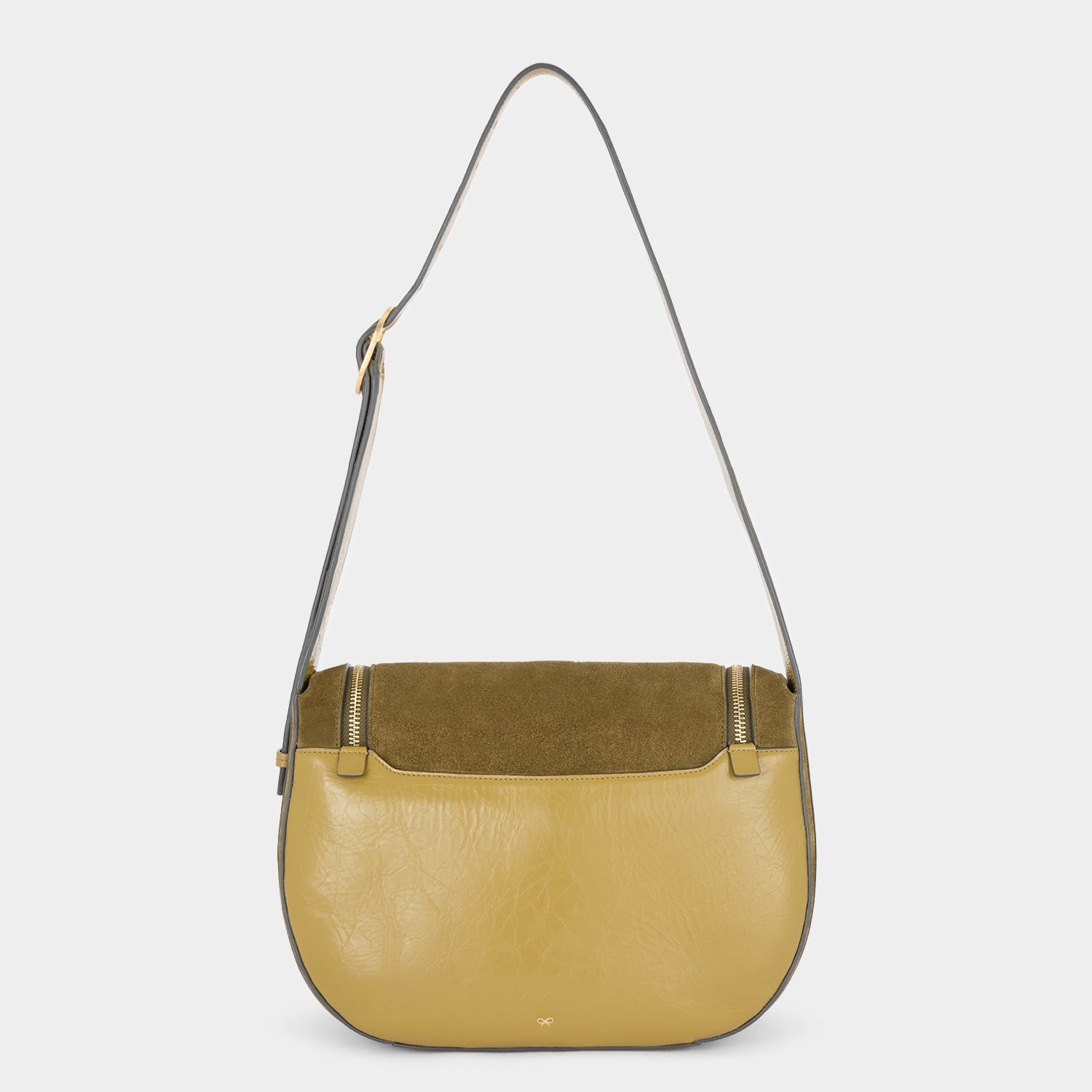Green suede shoulder bag with adjustable strap by Anya Hindmarch